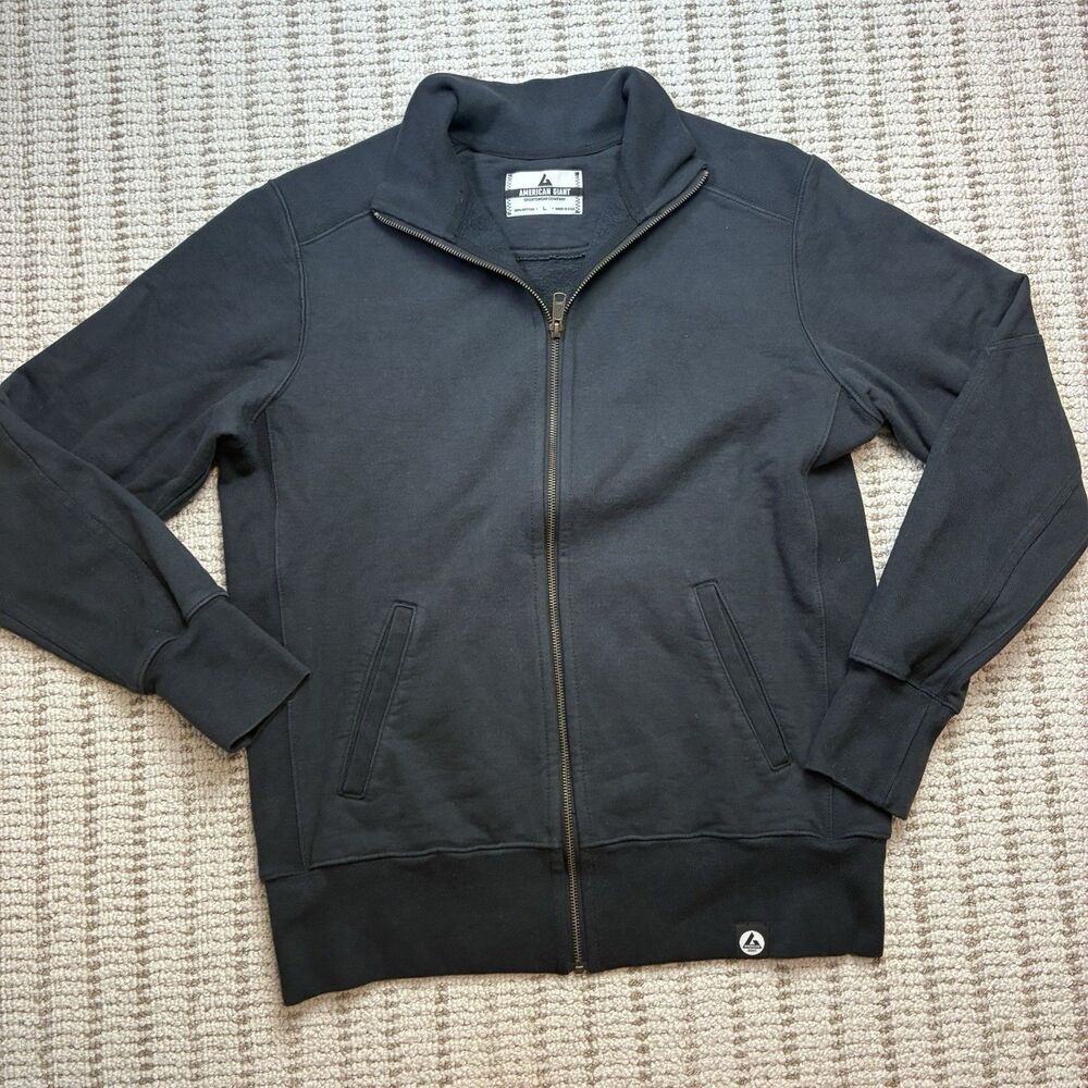 American Giant Mens Full Zip Sweatshirt Jacket Black Cotton Fleece Size L USA